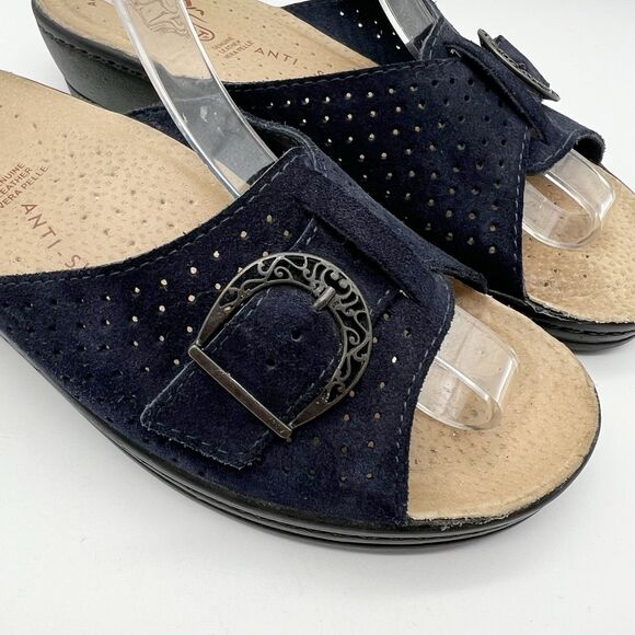 Fly Flot Blue Suede Anti Shock Anatomic Slide Cushioned Sandals Women US 8 Italy - Picture 3 of 11